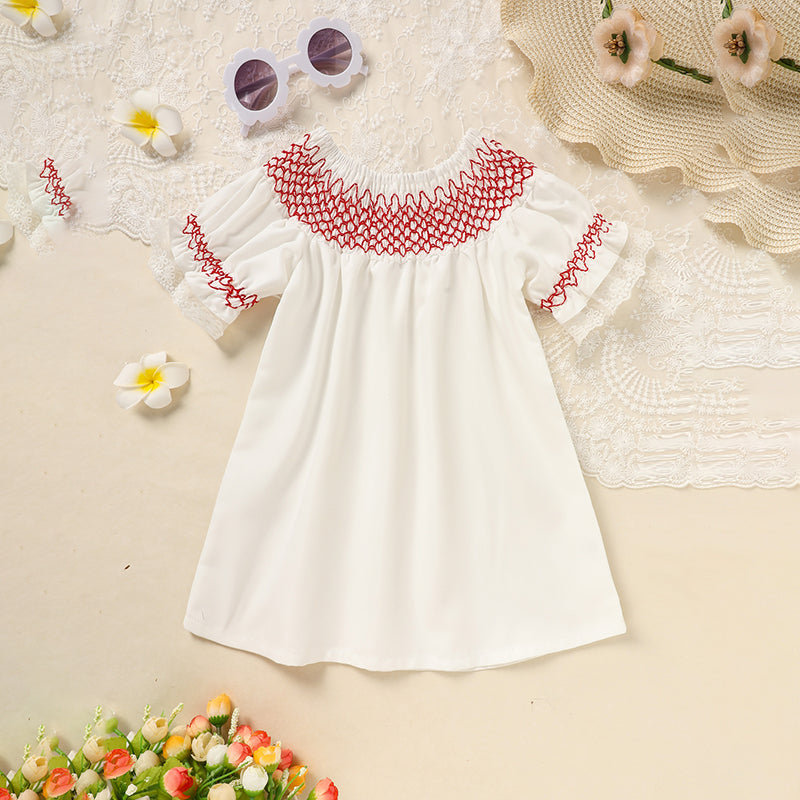 Bébé bébé fille Valentine robe de jour Dentelle courte manches rond Col blanc avec broderie rouge