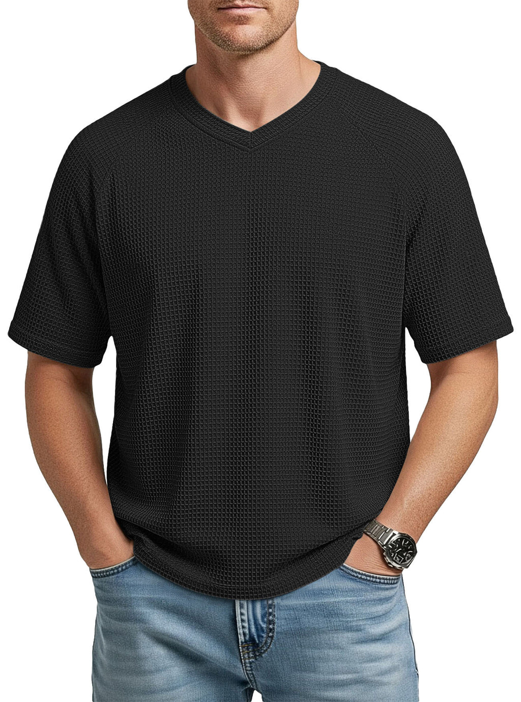 T-Shirt en tricot à manches courtes Raglan col V pour hommes