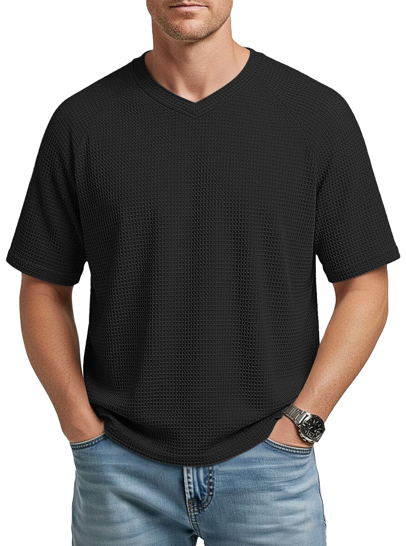 T-Shirt en tricot à manches courtes Raglan col V pour hommes
