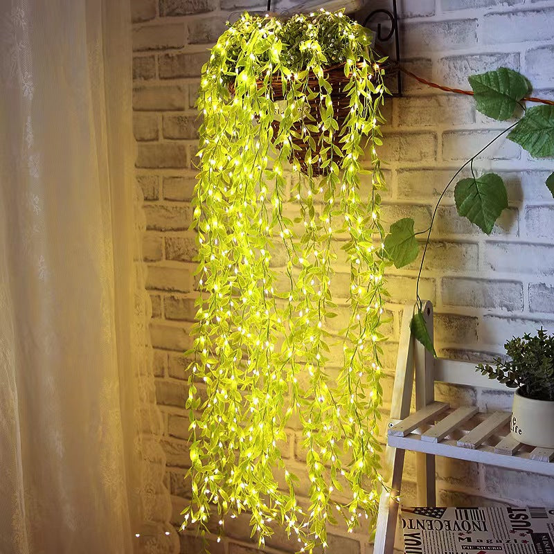 Feuille verte Rattan fil de cuivre rideau lumière