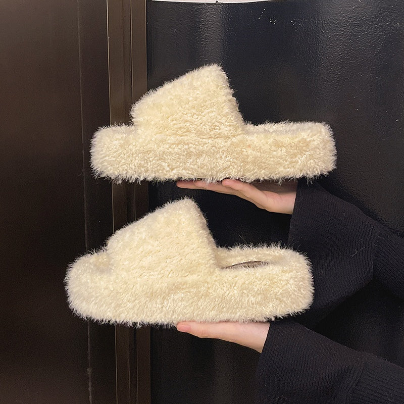 Plateforme Automne Hiver Coton Pantoufles Fuzzy Pantoufles Femmes Outdoor Vintage Fashion Furry