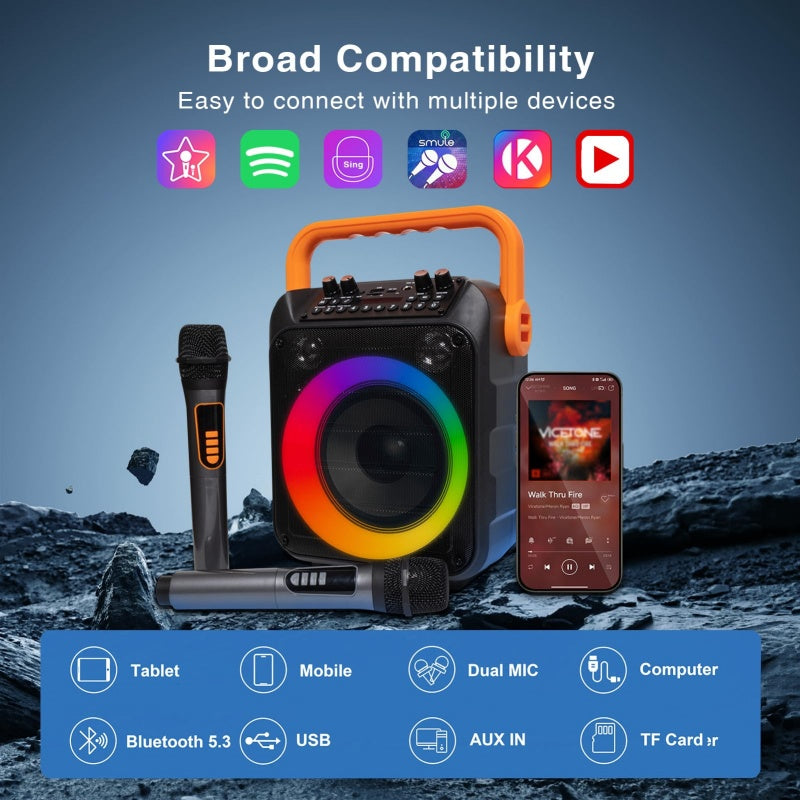 Machine à karaoké avec 2 microphones sans fil et lumières couleur RGB