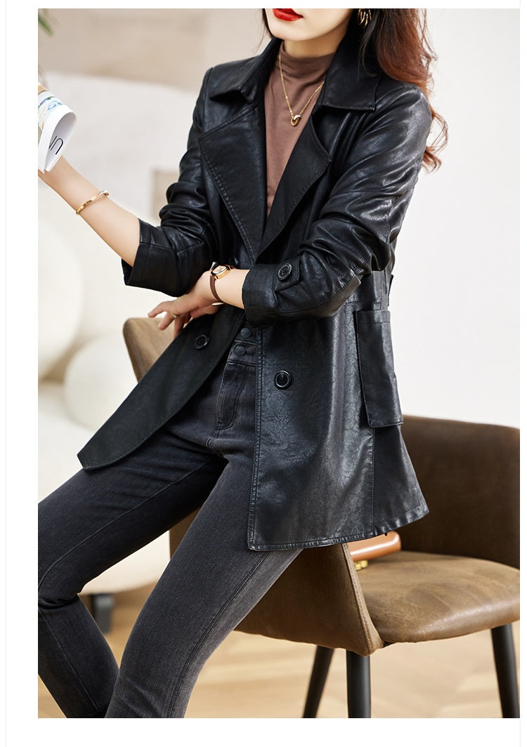 Manteau de cuir mi-long pour femme Printemps et automne