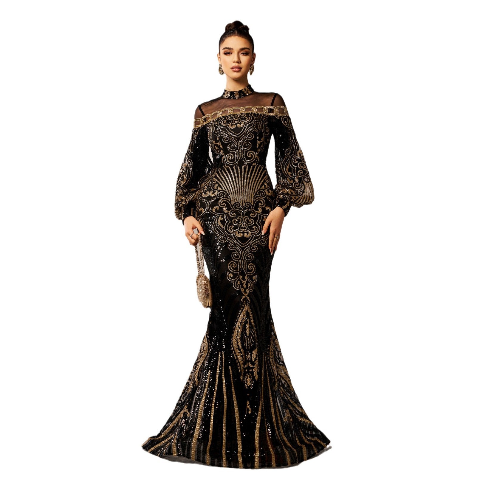 Robe de soirée en queue de poisson à manches longues à cou rond