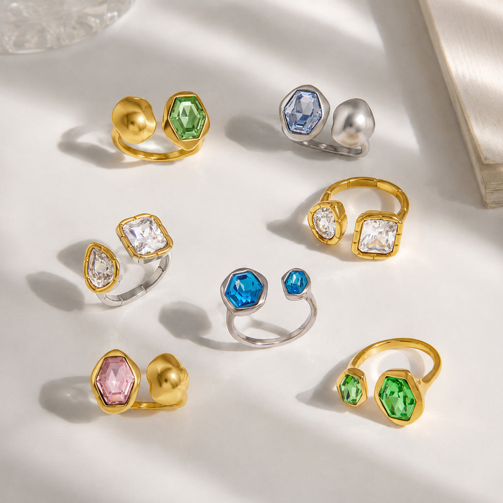 Anneau ouvert de luxe léger avec Zircon coloré et acier au titane