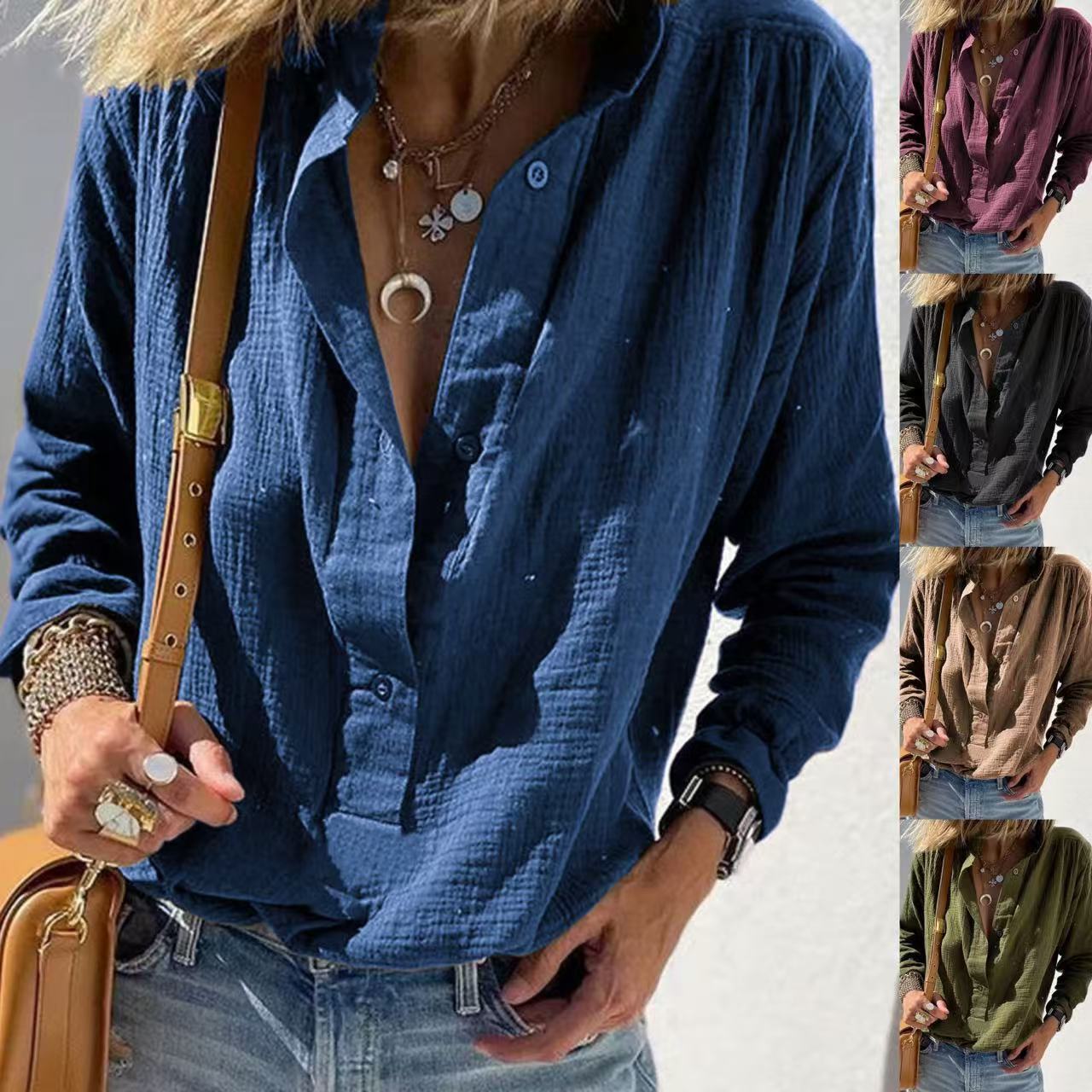 European and American Spring Women's Casual Loose Fashion Long Sleeve Cotton Chanvre Solid Co
