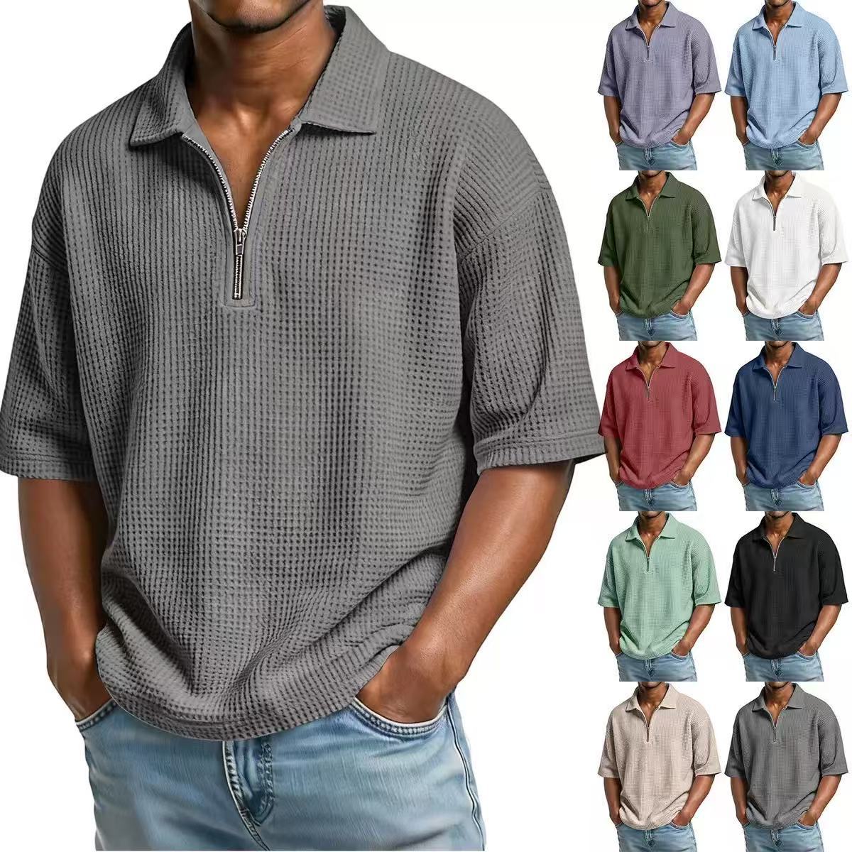Polo d'été européenne et américaine pour hommes T-shirt Waffle Solid Color Sports Casual Simple Shor