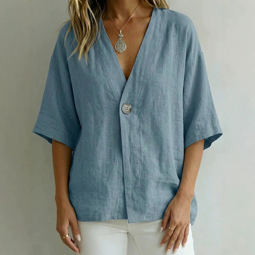 PrintempsÉté Femmes Casual Loose-Fit Solid-Color V-Neck Top avec Boutons