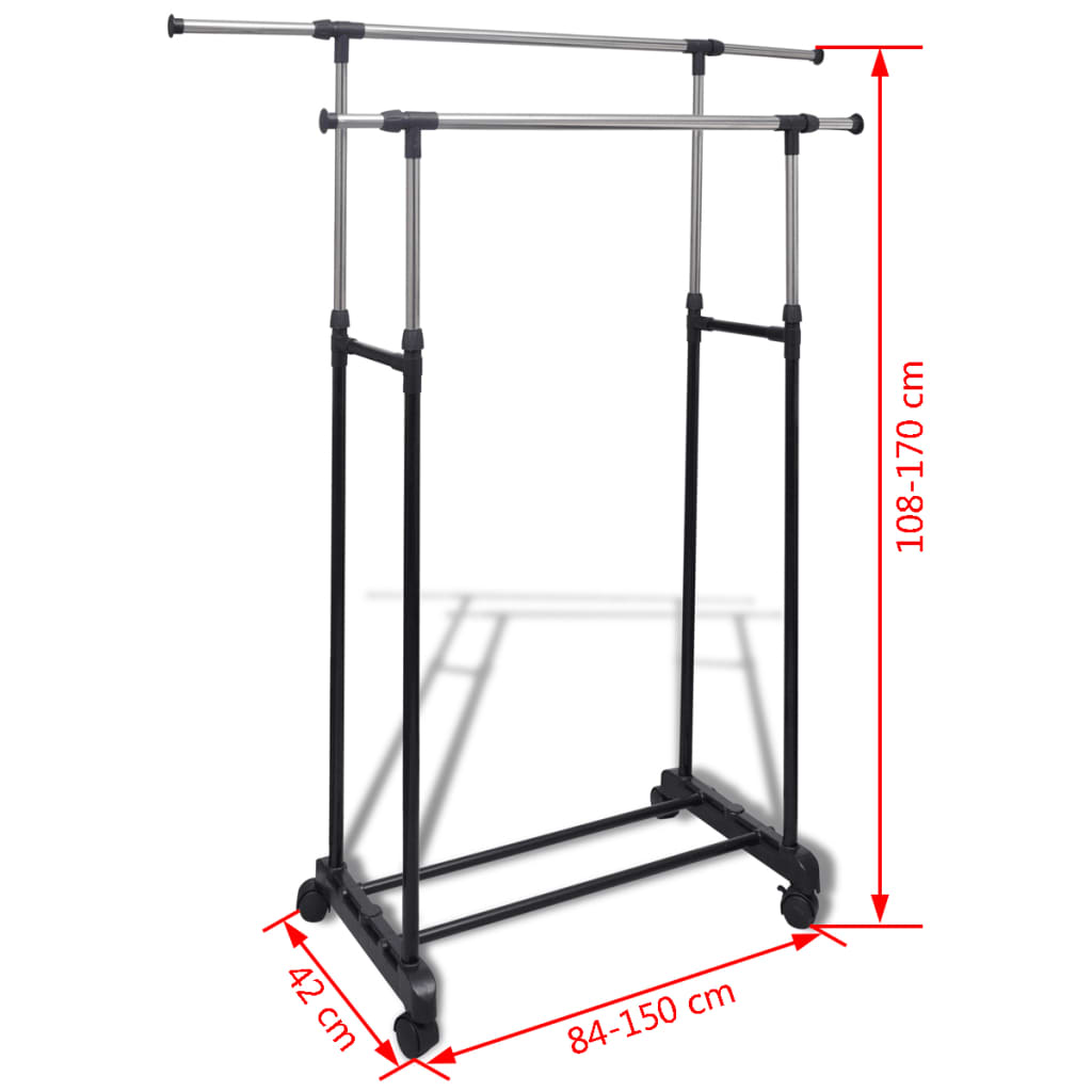 Rack de vêtements réglable avec 4 roues et 2 rails de vêtements