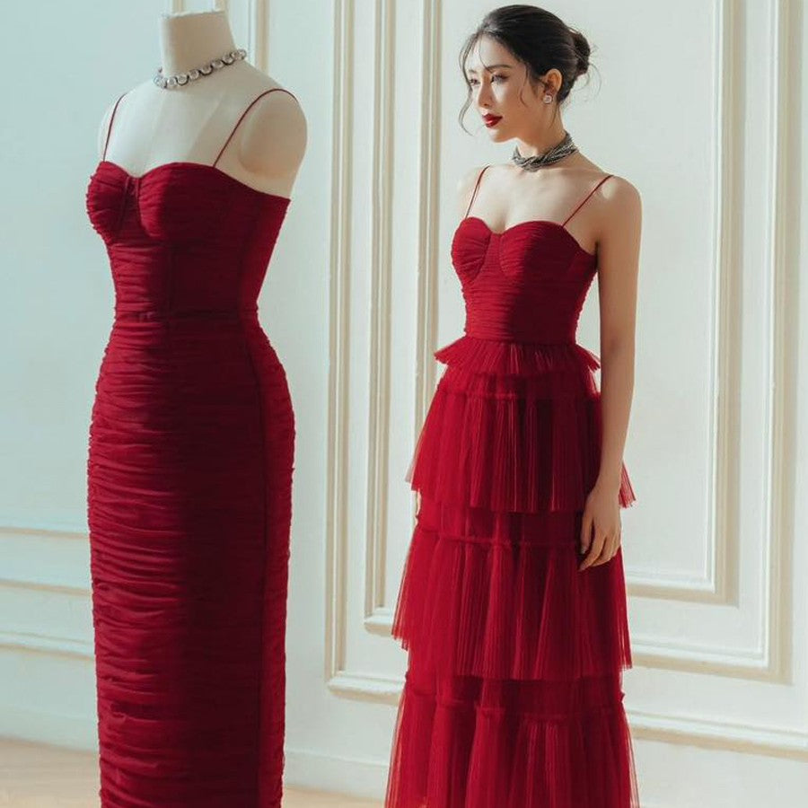 Suspender Étaler la poitrine Tempérament rouge foncé flottant petite robe longue jupe