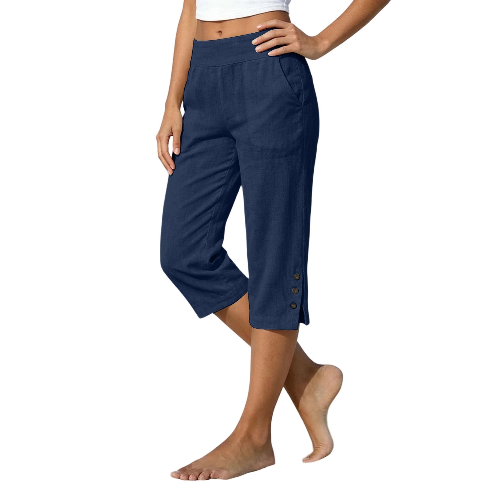 Femmes taille haute Loose-fit Slit-front Casual Jambe droite pantalons avec boutons
