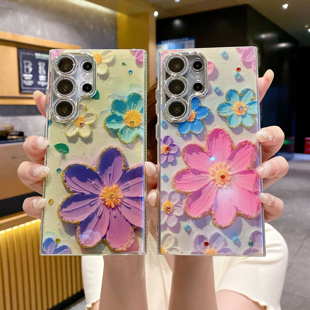 Peinture à l'huile de strass de luxe Flower Phone Case Lens Fine Hole Tout Inclus