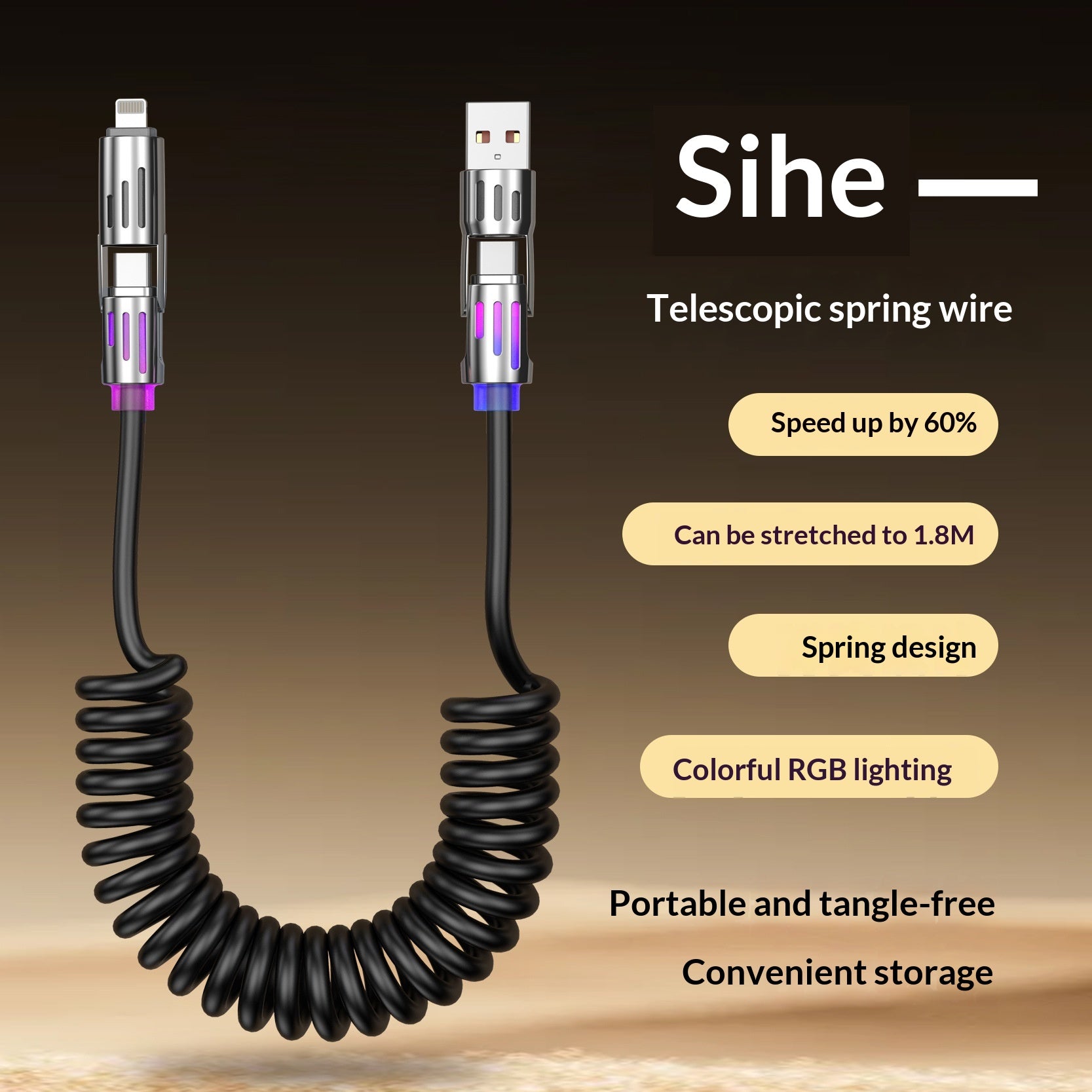 Câble de téléphone Spring Light Bar 4-en-1 65W câble de données