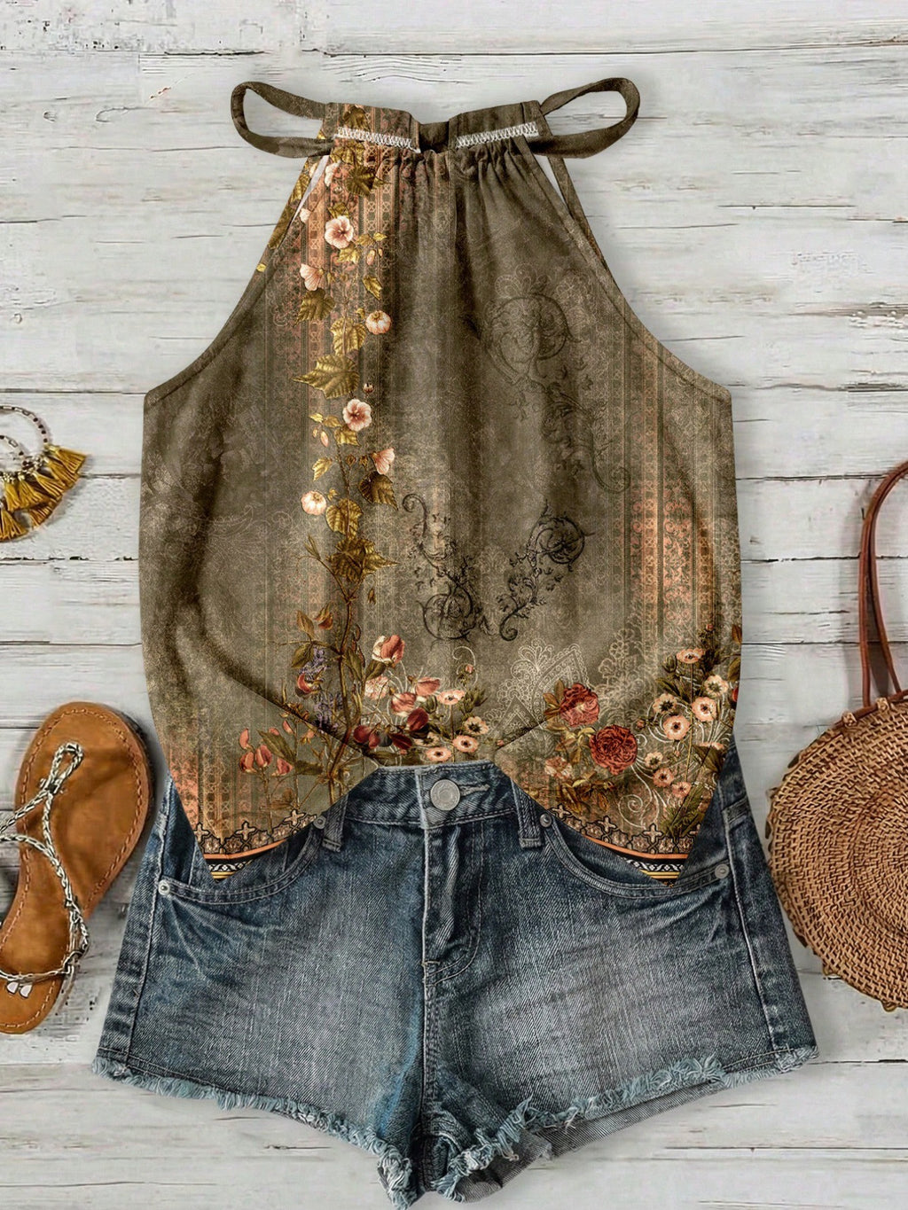 Femmes Casual Resort style Halter-neck Sleeveless Tank Top