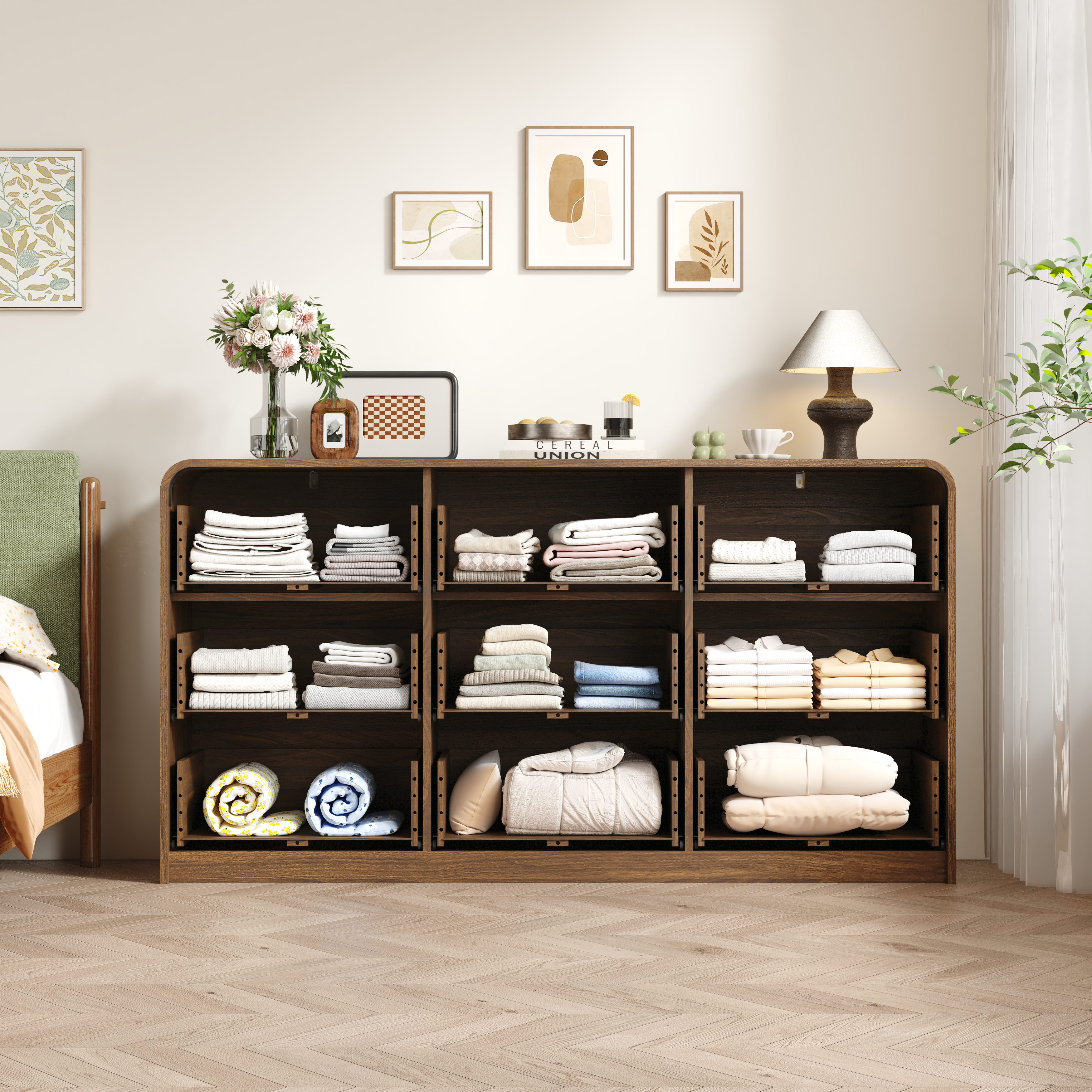 Finition de noix Dressing 9-Drawer avec Rattan Front