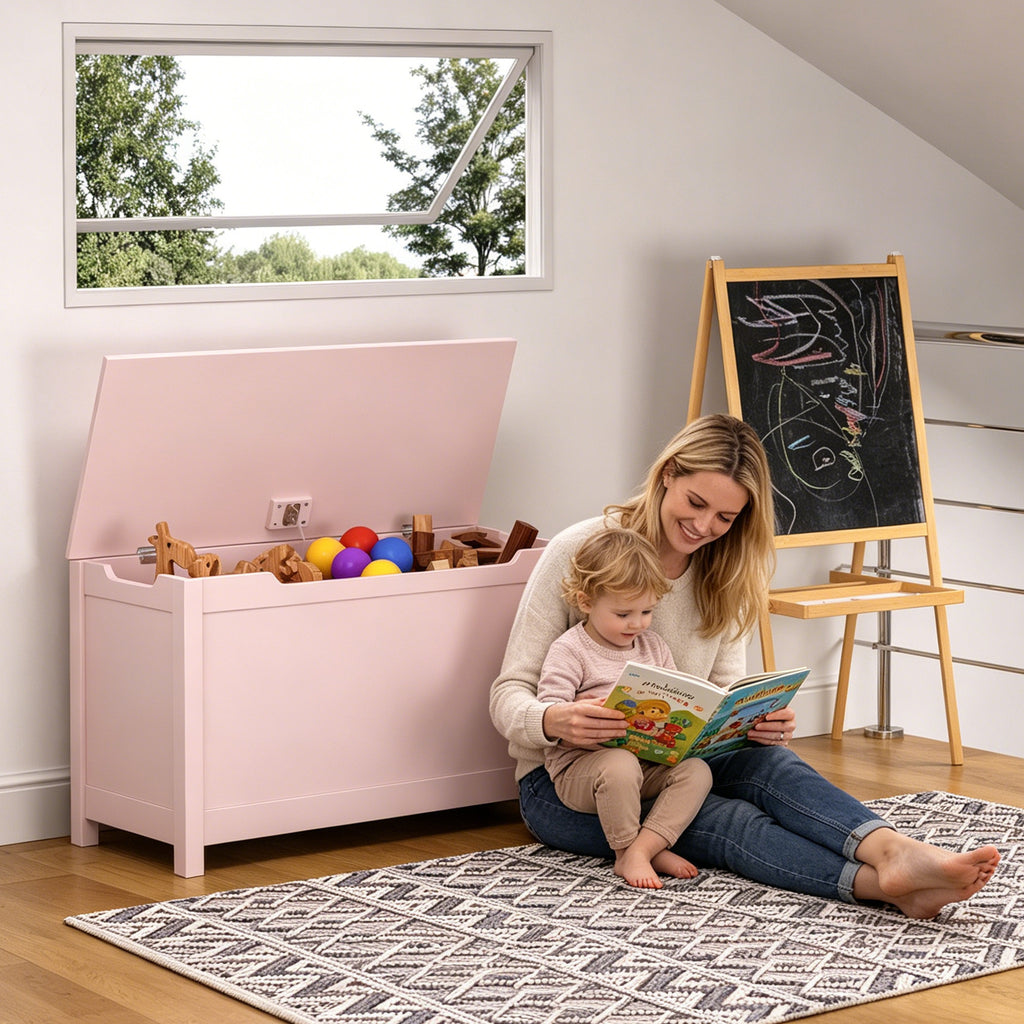 Rangement de boîtes de jouets en bois pour enfants avec couvercle à charnières de sécurité pour les 2 ans et plus (Pink)