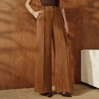 European and American Retro Suede Pantalons Wide-leg Femmes High-waited with A Draped Drape