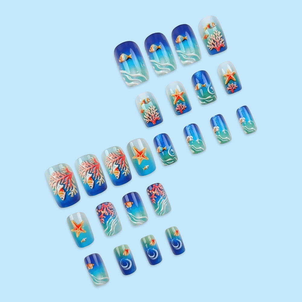 24 Stickers Nail Acrylique Rectangulaire En Bleu Océan Gradient