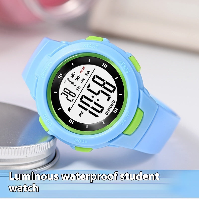 Fashion épingle boucle lumineuse imperméable PU strap Student Montre électronique