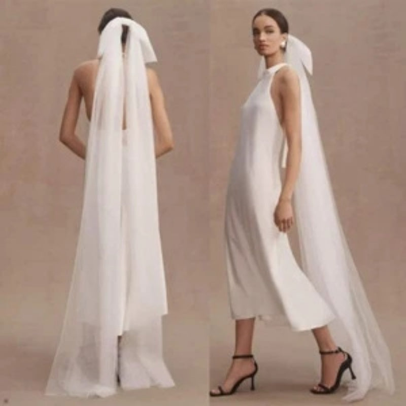 Minimaliste Blanc Double couche Tulle Veil nuptial avec une Bow