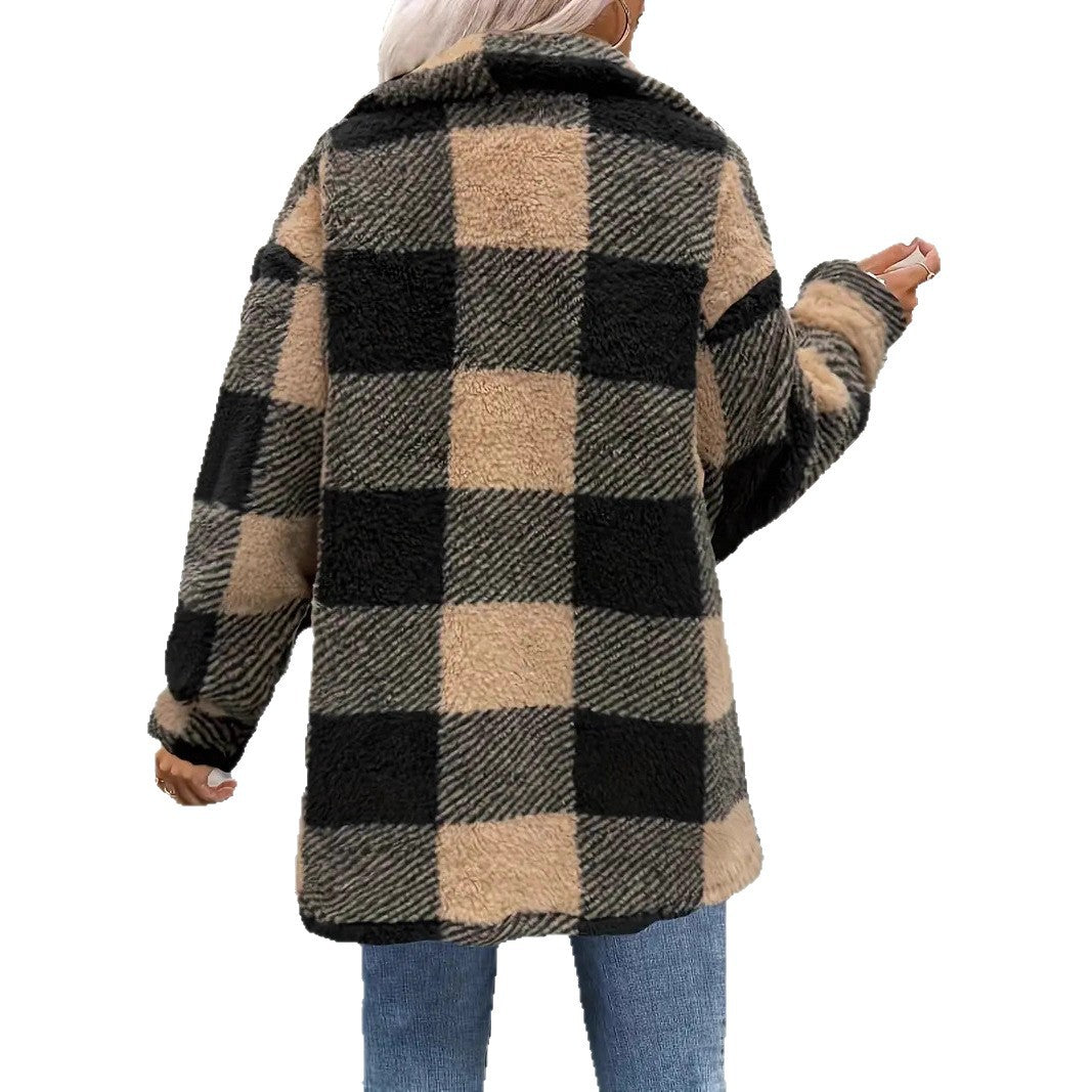 Femmes Automnehiver Lambswool Lapel Enduit à manches longues en Plaid Casual