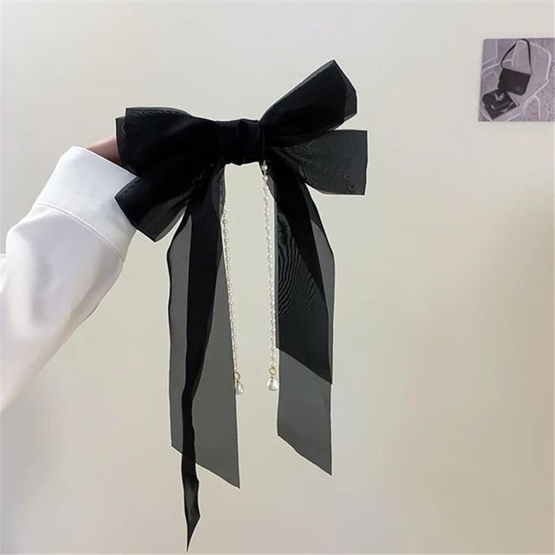 Ethereal Bow Pearl Tassel Clip Cheveux Femmes Ribbon Updo Élégant ressort Clip Cheveux Accessoire