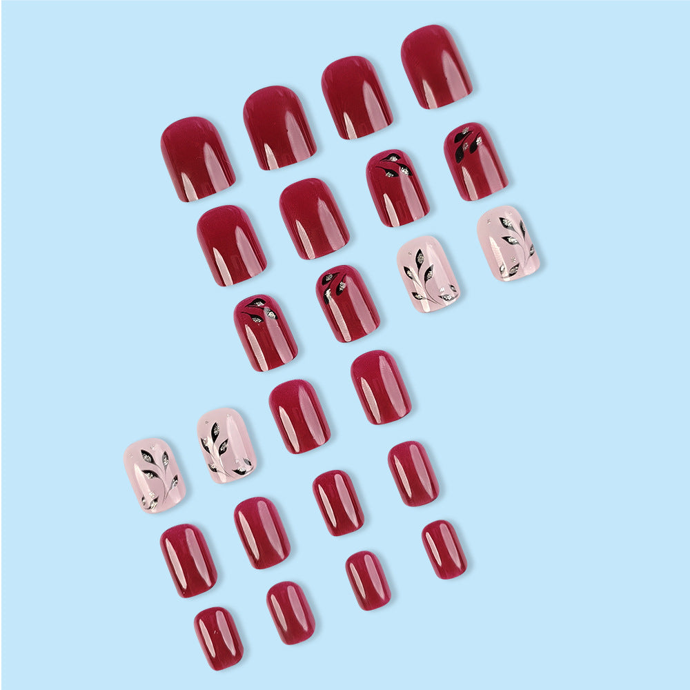 Short Square Y2K Cerise Rouge Sequin Leaf Reflection Design Jeu d'art à ongles
