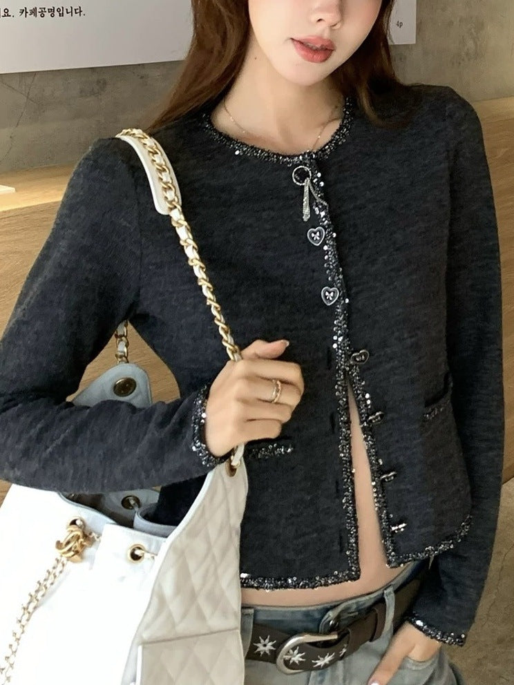 Élégante Chanel-style Designer Sequin-banded Knit Cardigan