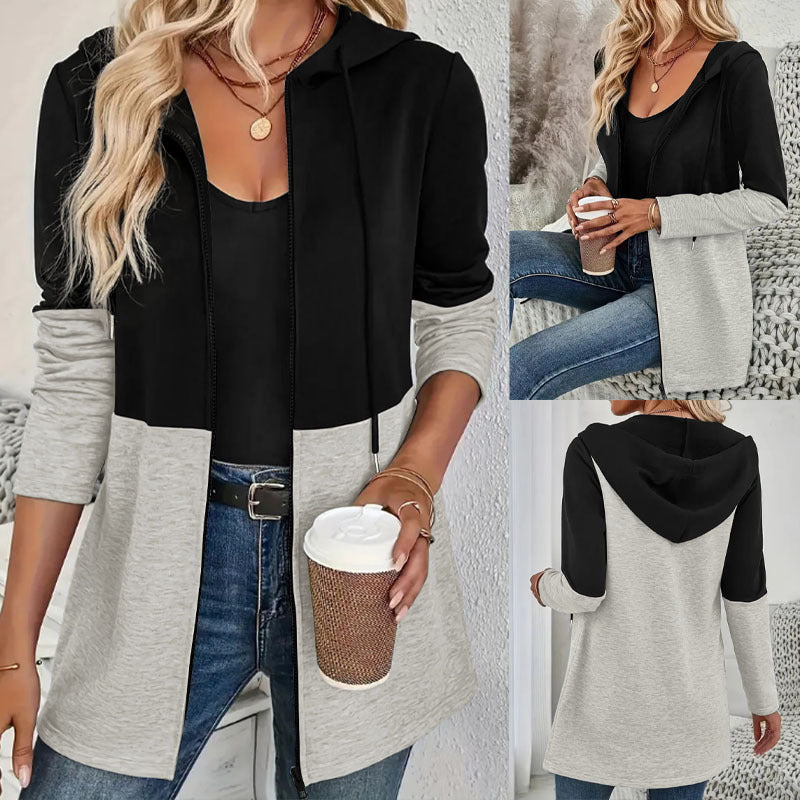 Femmes Couleur Block Zip Up Cardigan à capuche Longue Manches Drawstring Casual Mid Longueur Veste W