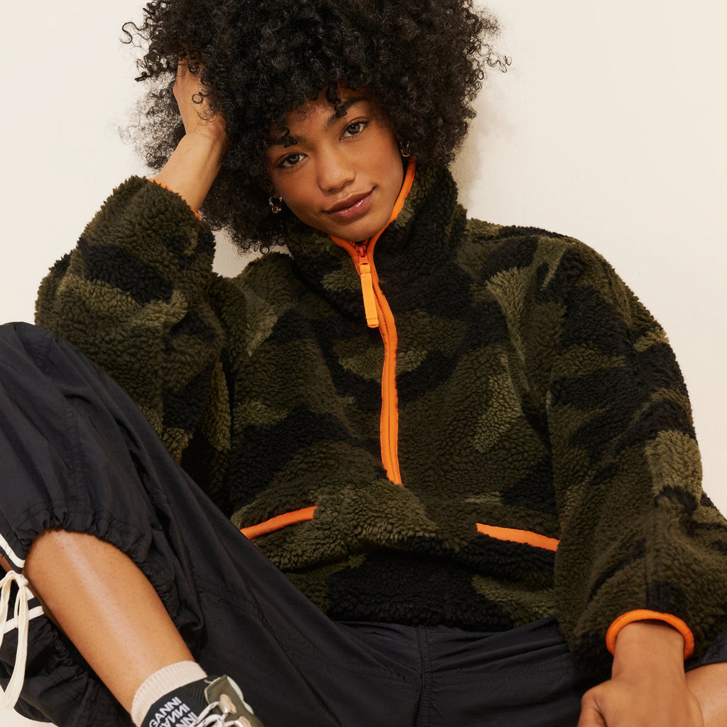 Retro coloré Floral Stand-collar Faux Lambswool Half-zip Jacket