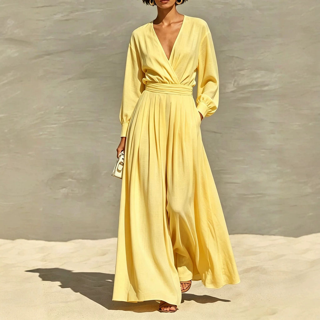Robe de saut en V coiffée couleur solide pour femmes