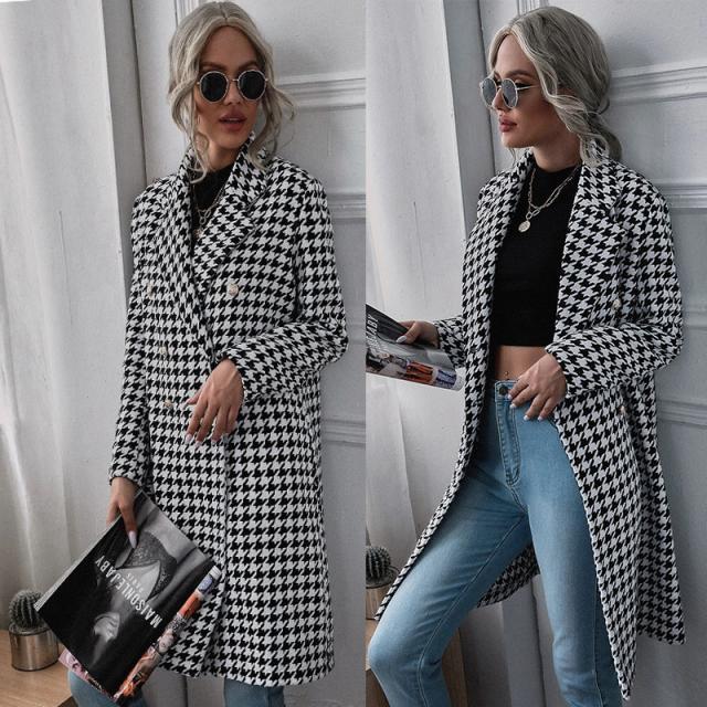 Amazon AliExpress Automne et hiver Mode Houndstooth Imprimer long manteau de laine