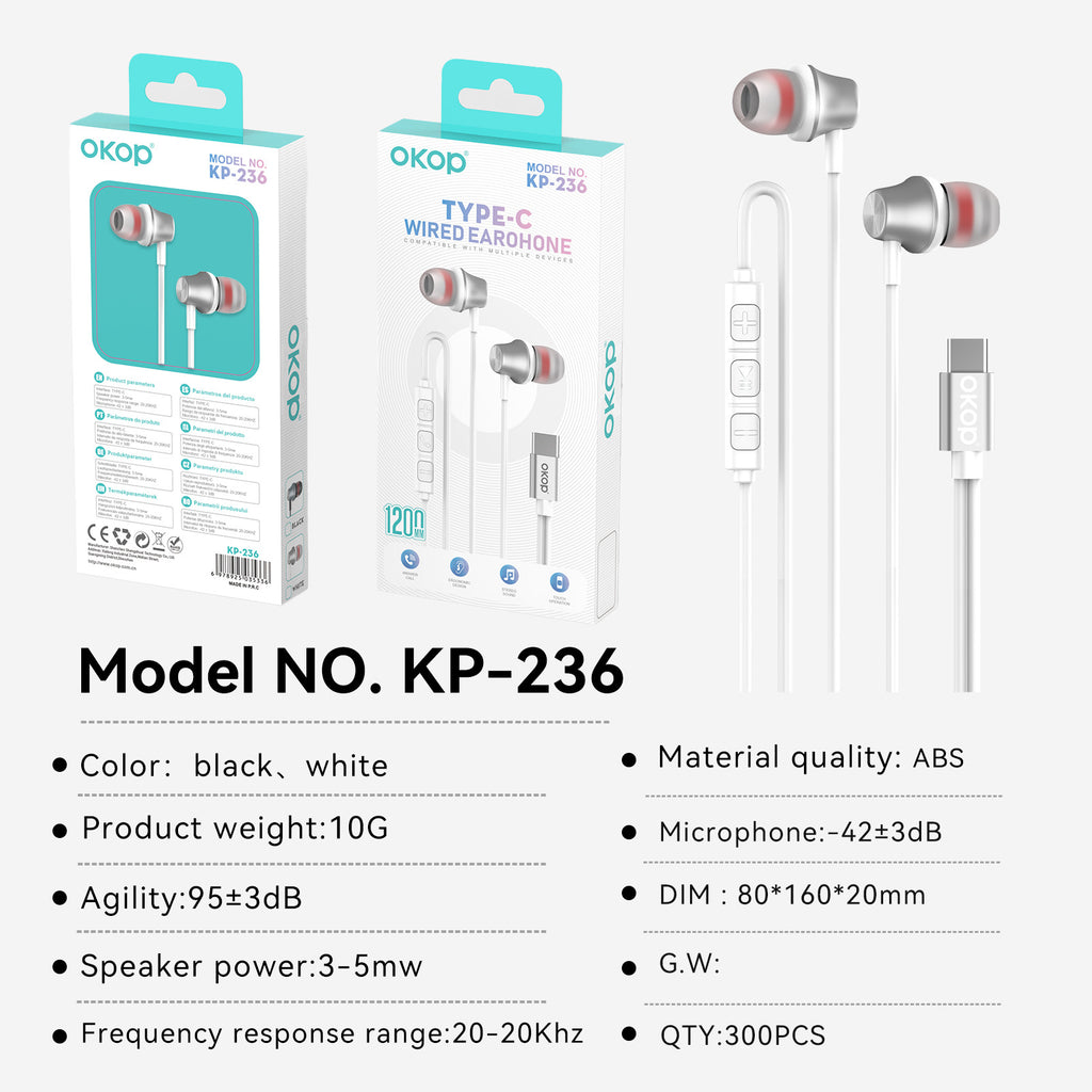 KP-236 casques filaires dans l'oreille Best-seller USB-C universel pour téléphones PC basse lourde haute