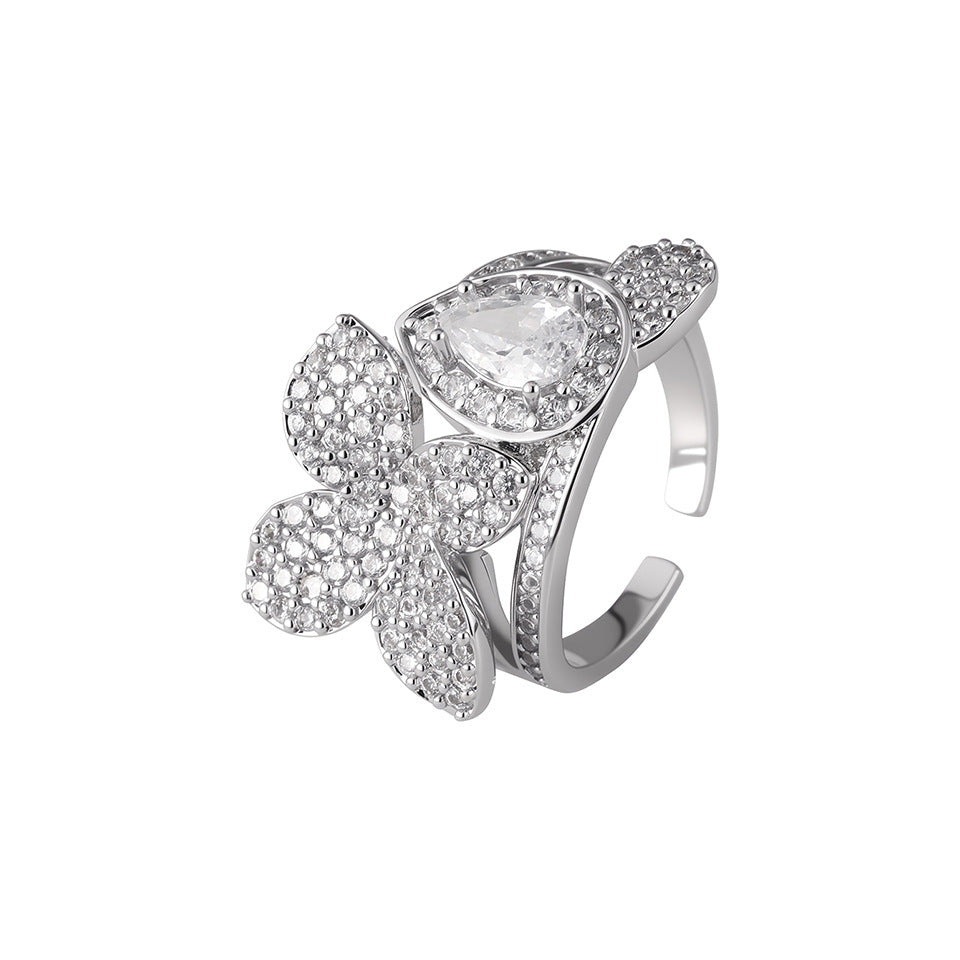 Femmes Poire Florale Halo CZ Anneau ouvert