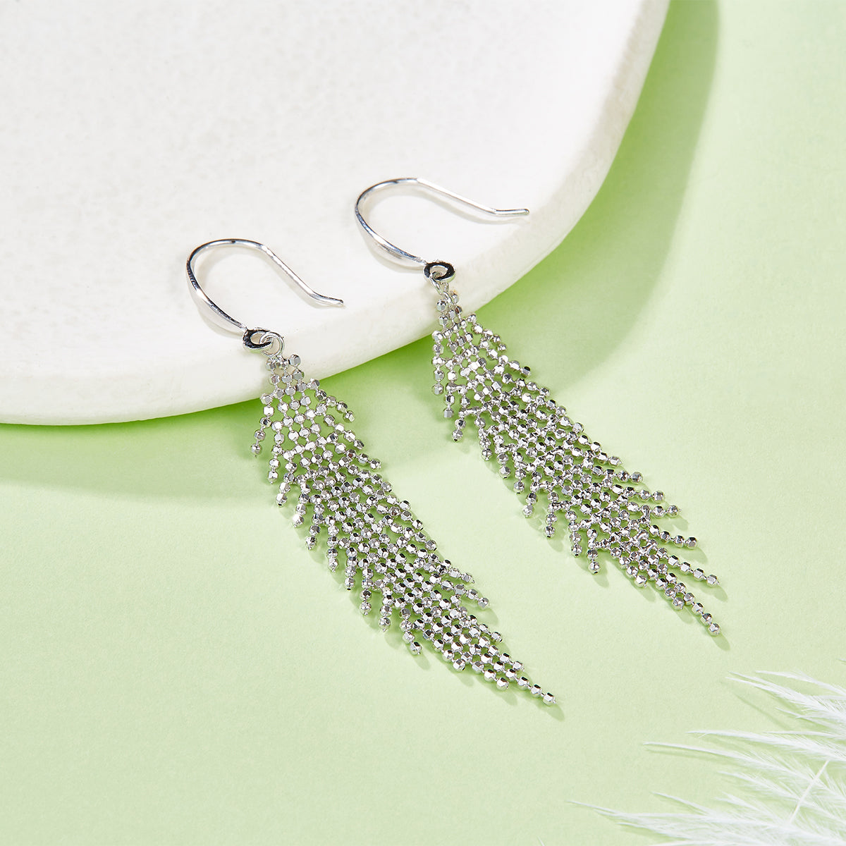 S925 Boucles d'oreilles en équerre en argent Sterling 59,8mm Long 2g Perle de maille légère coulant D