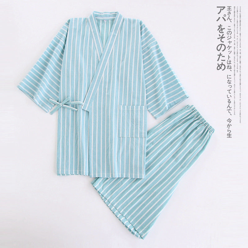 Coton Lavé Pyjama costume mince rayé hommes et femmes japonais couple Kimono pantalons