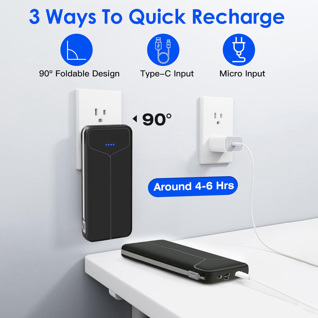 Chargeur portable 10000mAh Power Bank avec prise américaine 2 câbles intégrés Batterie externe