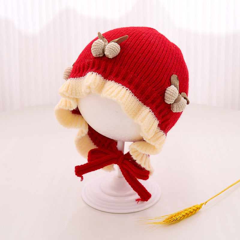 Automne et hiver Chapeau tricoté Mignon princesse fleur Bonnet bébé fille chaude Dentelle haut laine bras
