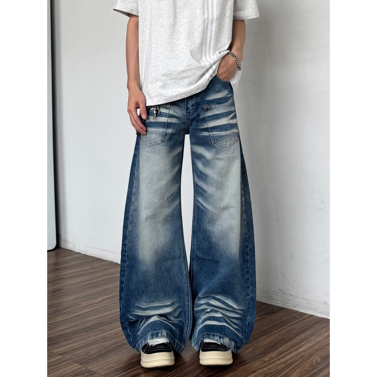 Jeans de bootcut de chat lavés rétro pour hommes