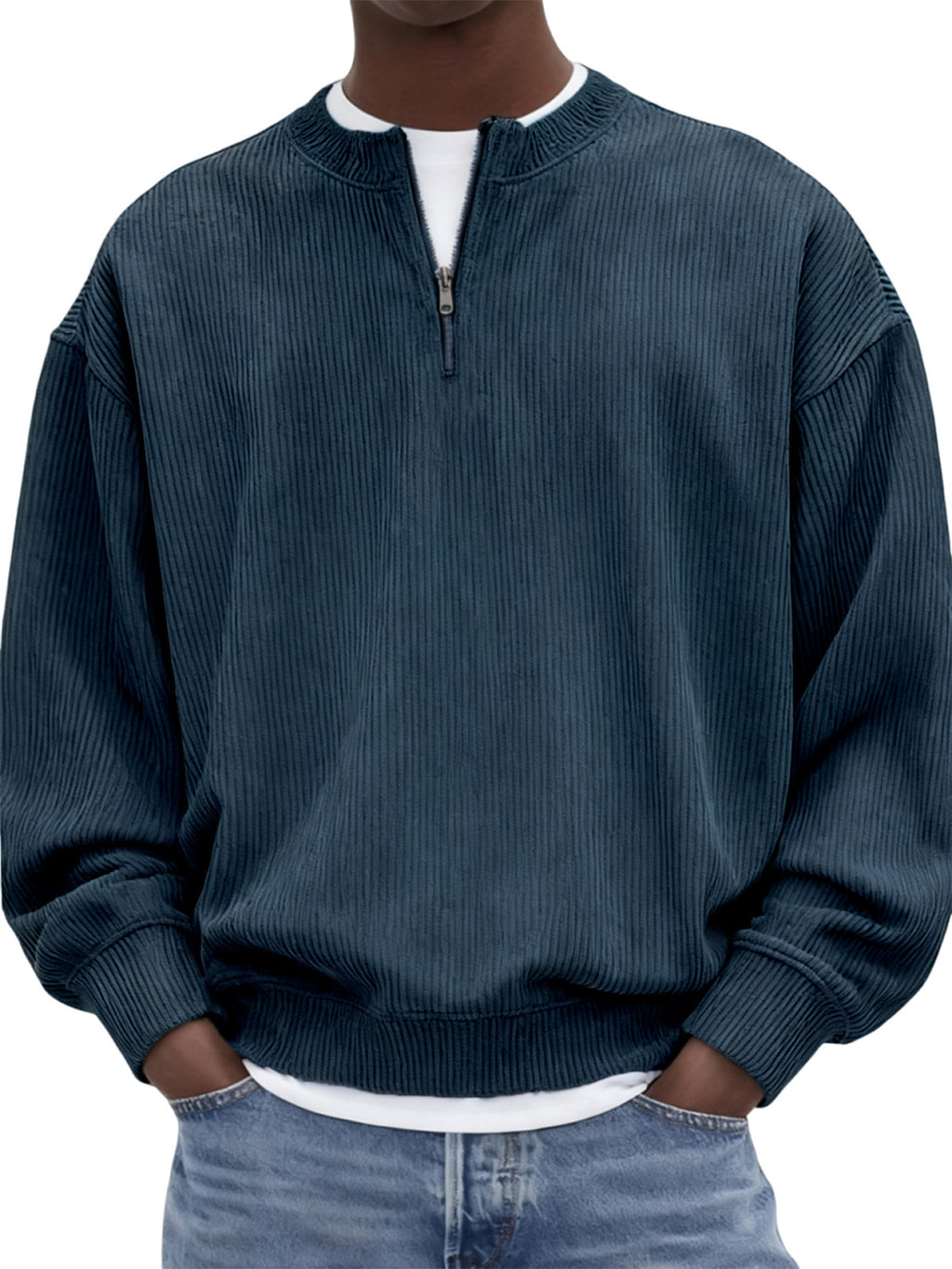 Casual hommes manches longues Corduroy Top avec un collier debout et une demi-zip
