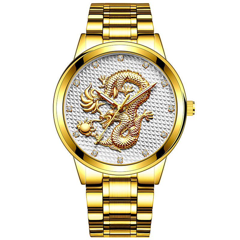 Dragon d'or embossé pour hommes jouant avec perles Diamond-inlaid Casual Business Quartz Watc