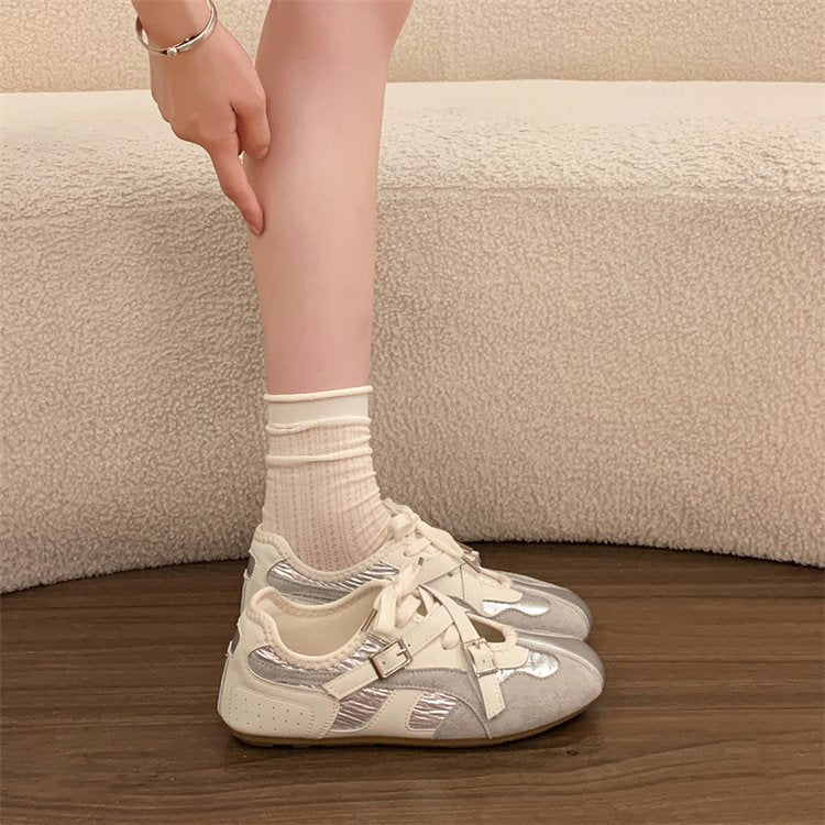 Femmes Retro Sneakers Plat Polka Dot Imprimer Buckle Strap Dentelle Detail Suede Metallic Splic