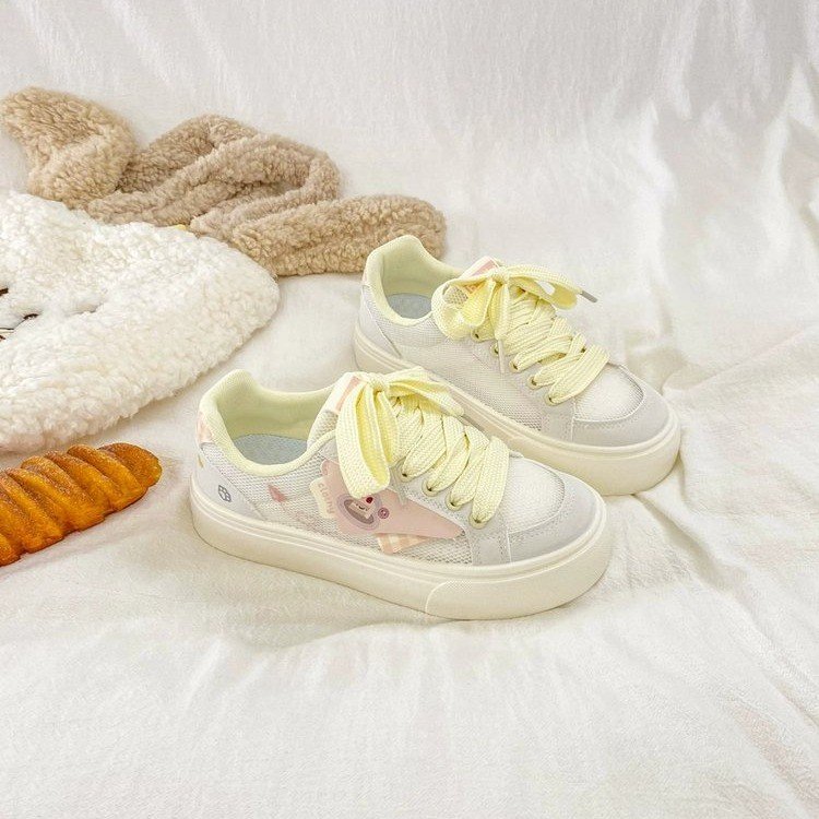 Femmes Kawaii Mesh Platform Sneakers Breathable Mesh Upper Pastel Color Block Cartoon Patch
