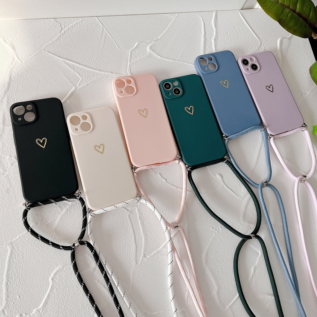 Étui téléphonique de lanyard de petit coeur doré