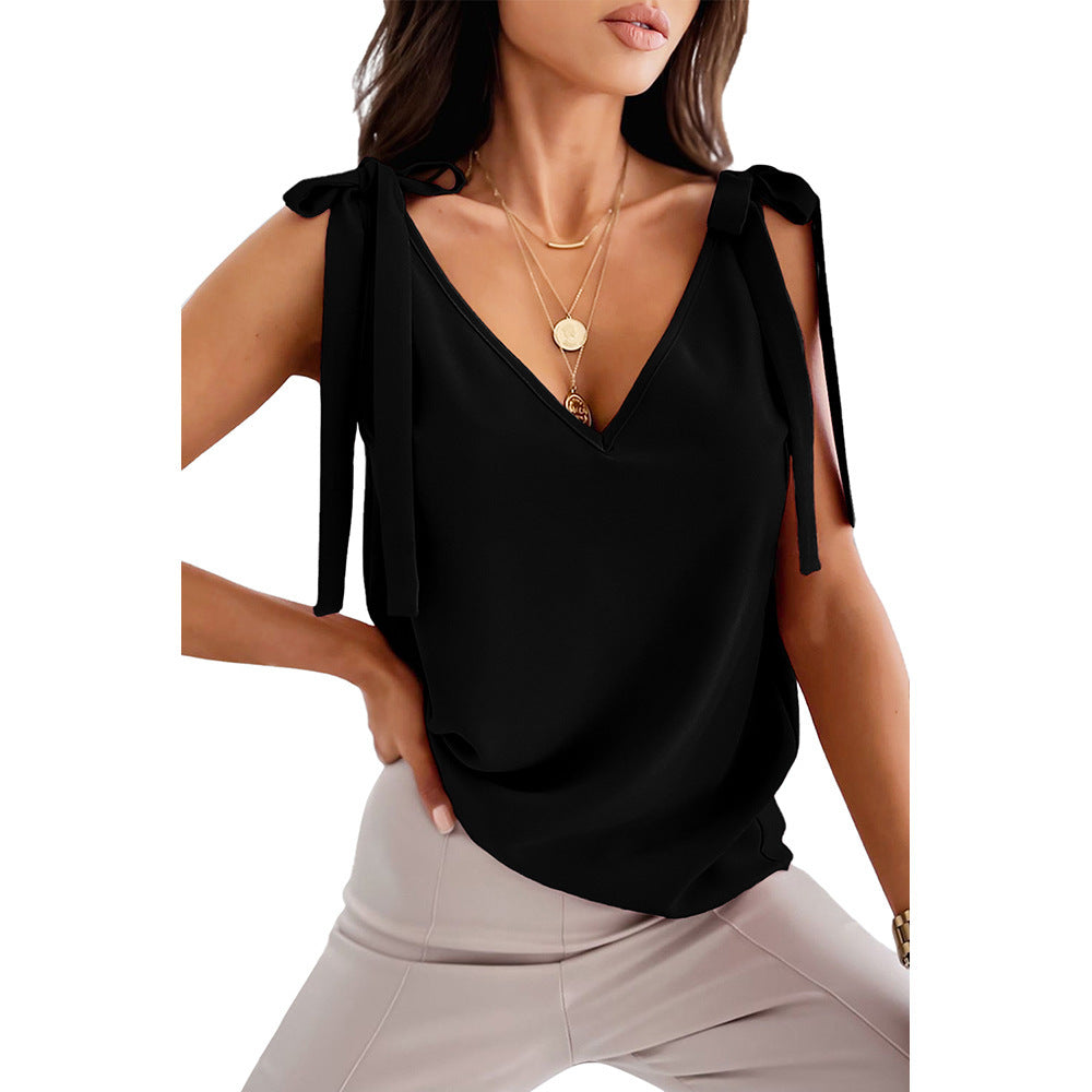 Bowknot Tie Up Camisole Col V chemises Femmes Été sans manches Tank Tops