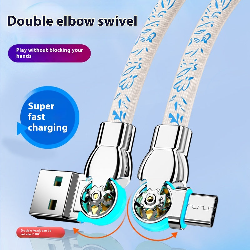 Double câble de données à charge rapide en porcelaine bleue rotative et blanche