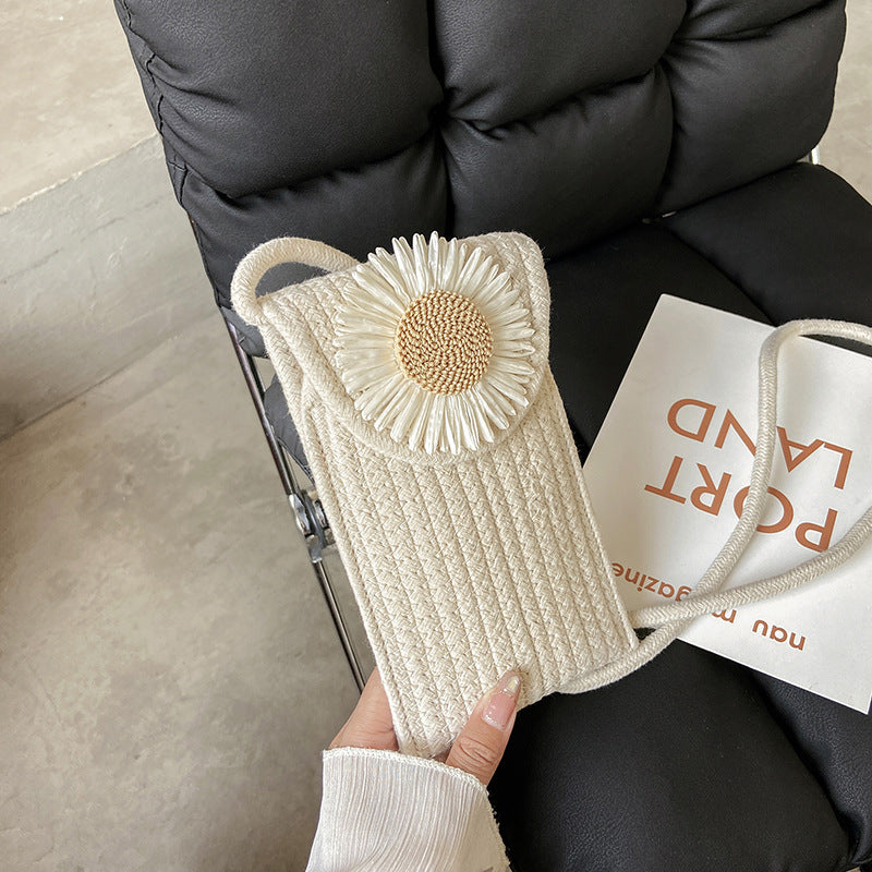 Été Cotton Rope Woven Phone Bag avec le design floral mono-épaule style