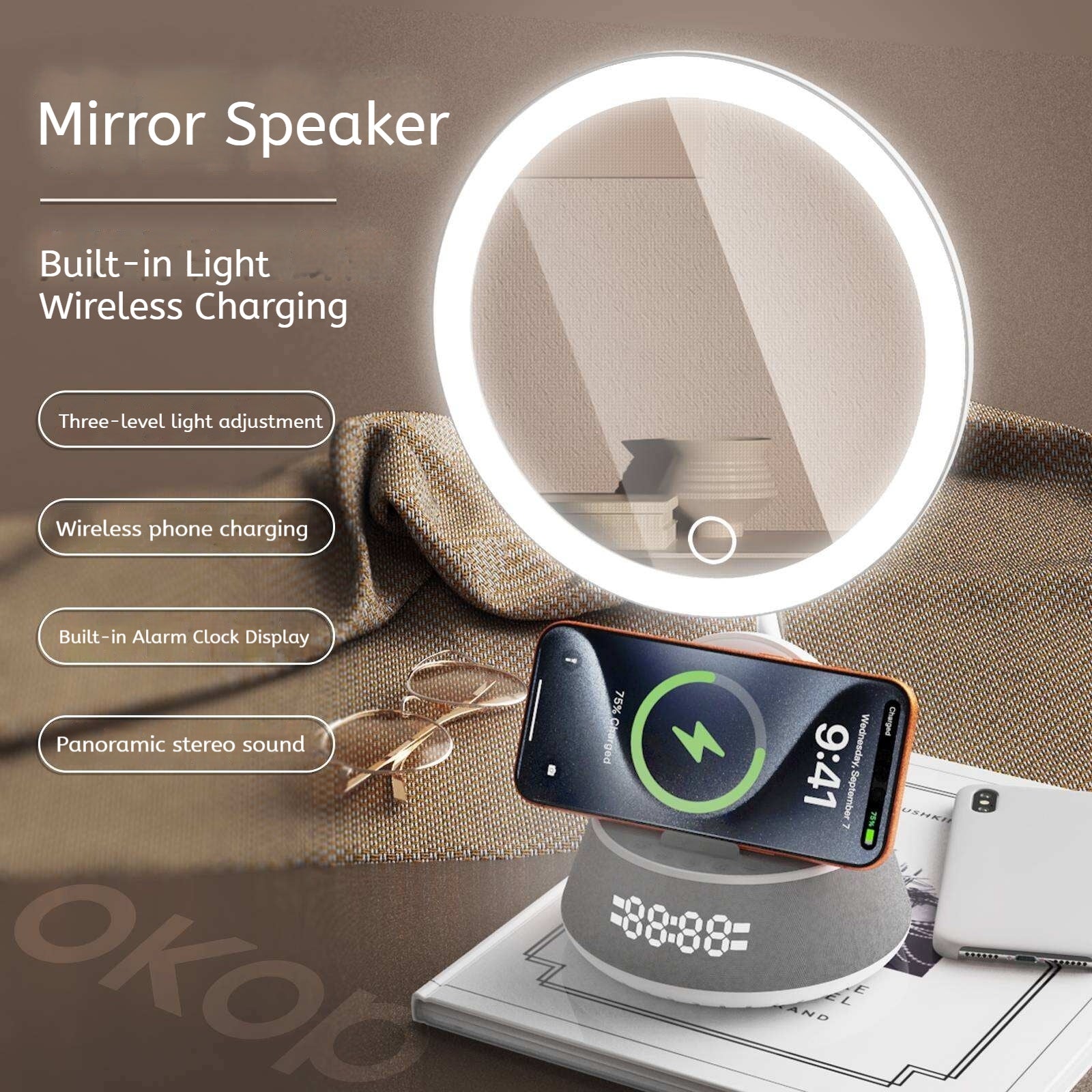 KP-856 Smart Magnetic Makeup Mirror avec charge sans fil et éclairage de remplissage Outp