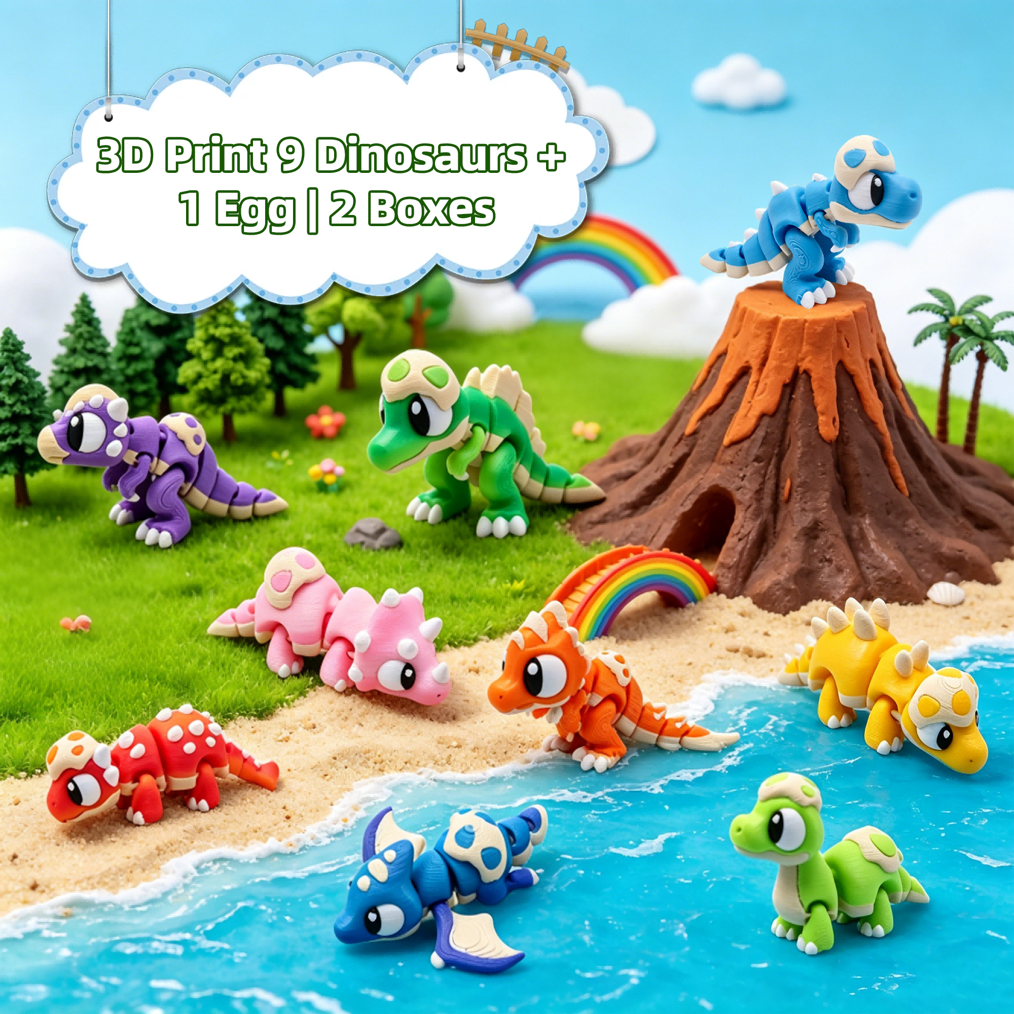 9PCS 3D imprimé Dinosaure Figures 1 Ensemble d'oeufs dinosaure