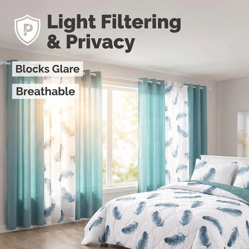 Couche de lit et jeu de rideaux en plume bleue 9 pièces